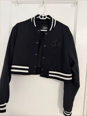 ALO Yoga Black Cropped Varsity Jacket with White Stripes